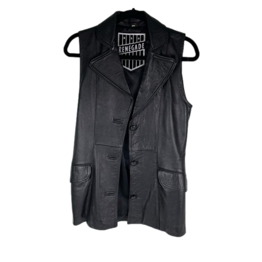 RENEGADE Leather  Vintage Black Leather Collared Vest Small